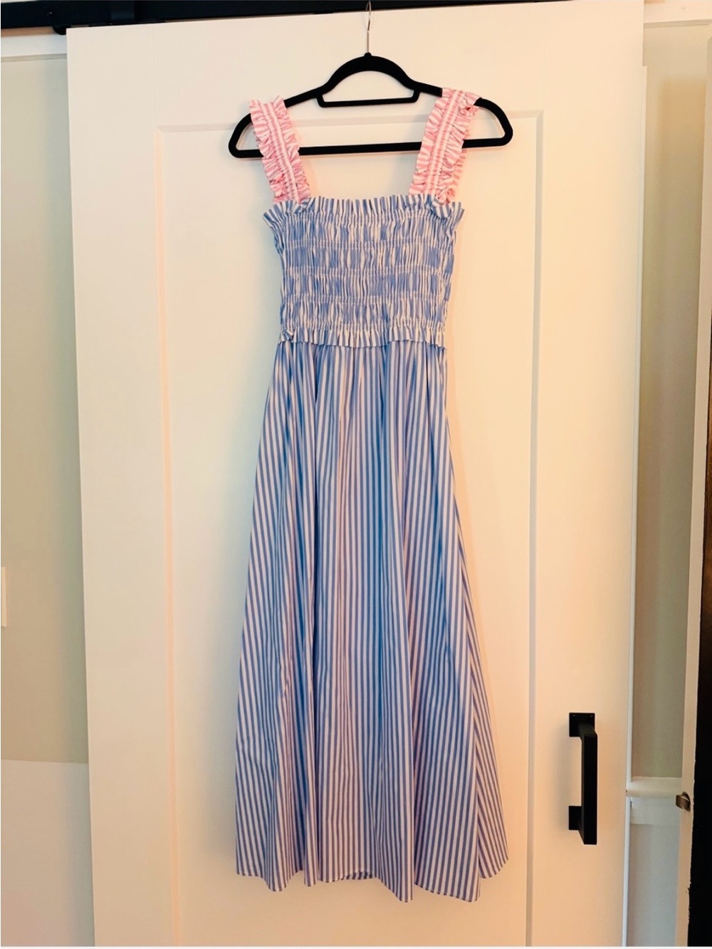 Anthropologie En Elly Blue and White Striped Maxi Dress with Pink Ruffle Straps